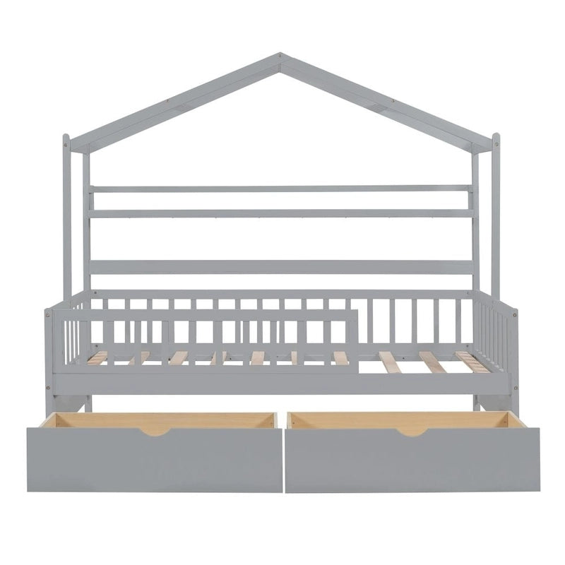 Twin Size Wooden House Bed with 2 Drawers and Storage Shelf
