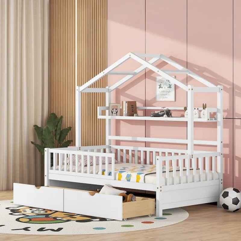 Twin Size Wooden House Bed with 2 Drawers and Storage Shelf