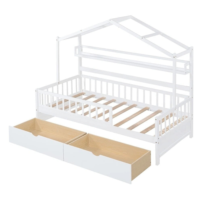 Twin Size Wooden House Bed with 2 Drawers and Storage Shelf