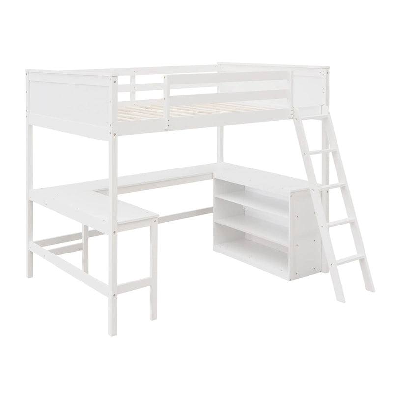Full Size Wooden Loft Bed with Shelves and Desk, White