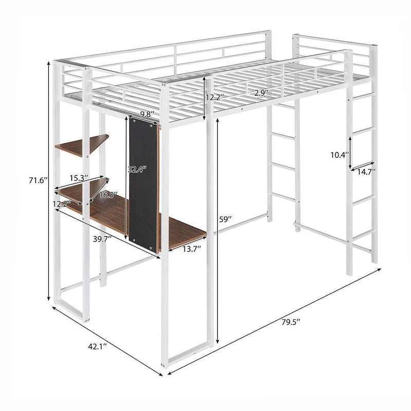 Twin Size Metal Loft Bed with Desk and Shelves