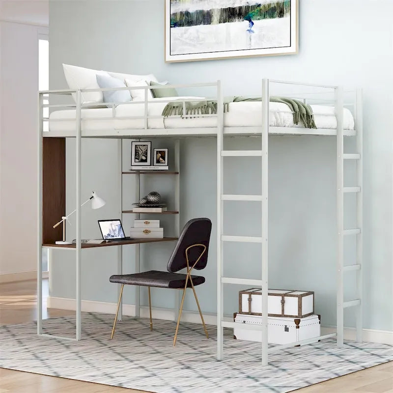 Twin Size Metal Loft Bed with Desk and Shelves