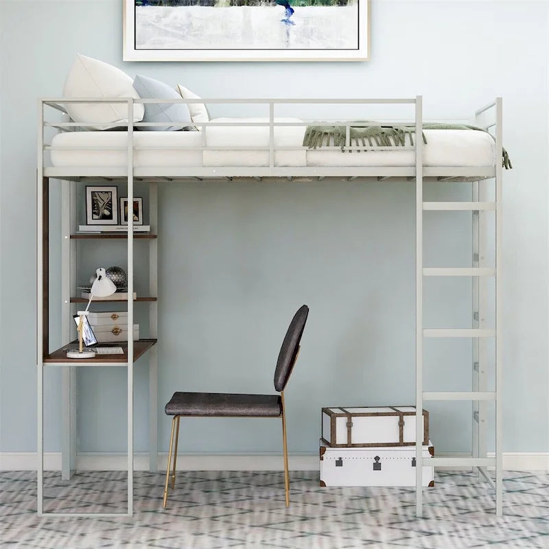 Twin Size Metal Loft Bed with Desk and Shelves