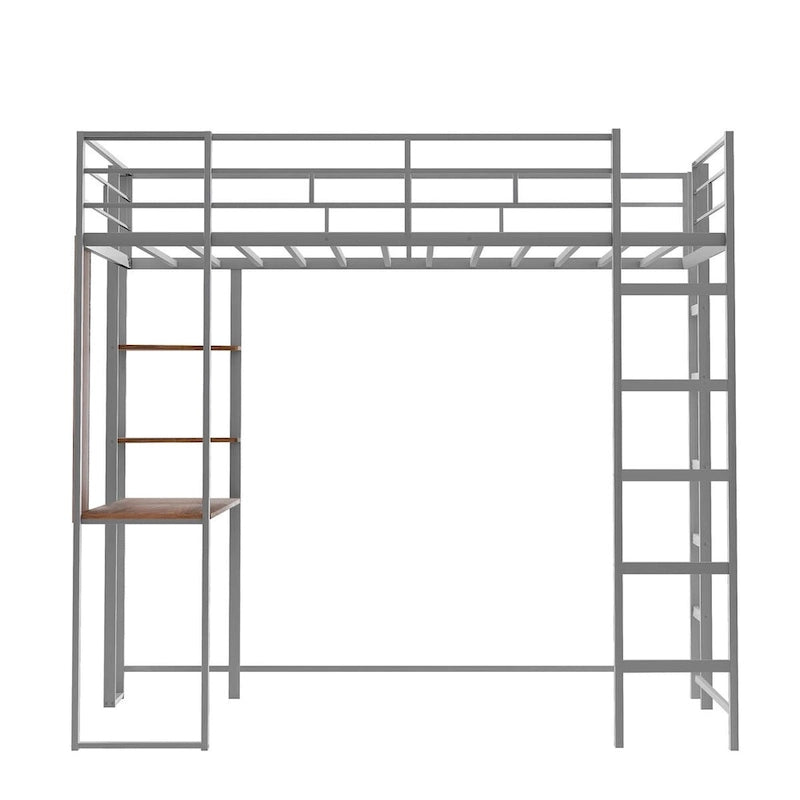Twin Size Metal Loft Bed with Desk and Shelves