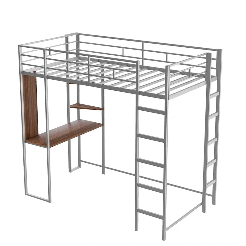 Twin Size Metal Loft Bed with Desk and Shelves