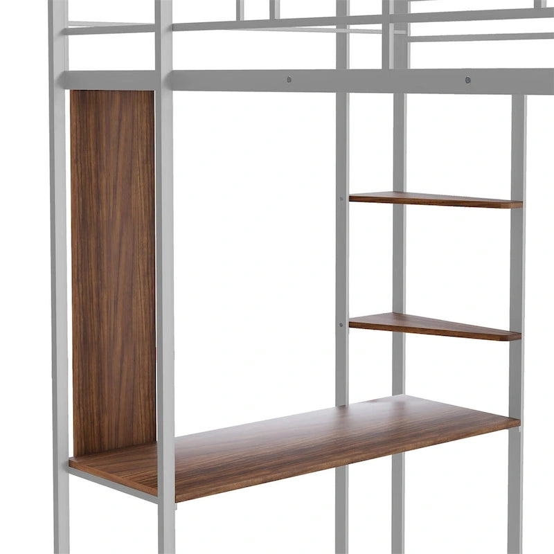 Twin Size Metal Loft Bed with Desk and Shelves