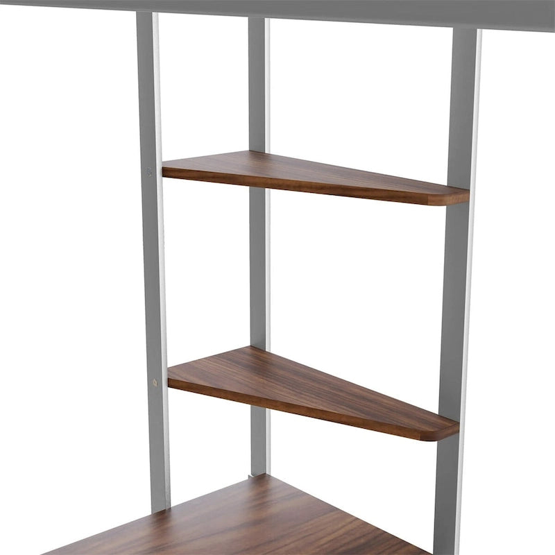 Twin Size Metal Loft Bed with Desk and Shelves