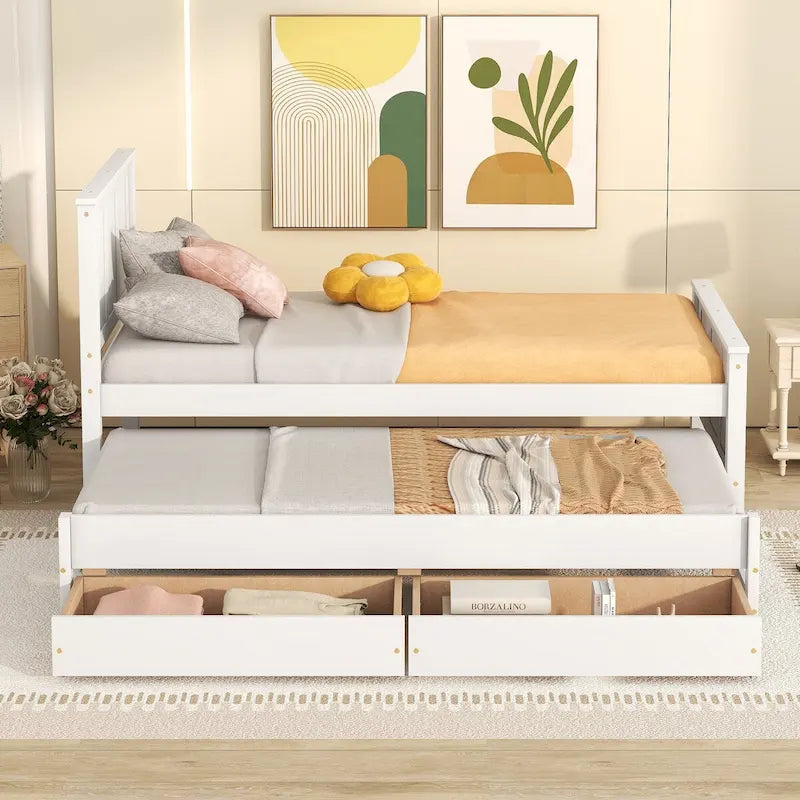 Twin Size Platform Bed with Trundle and 2 Drawers