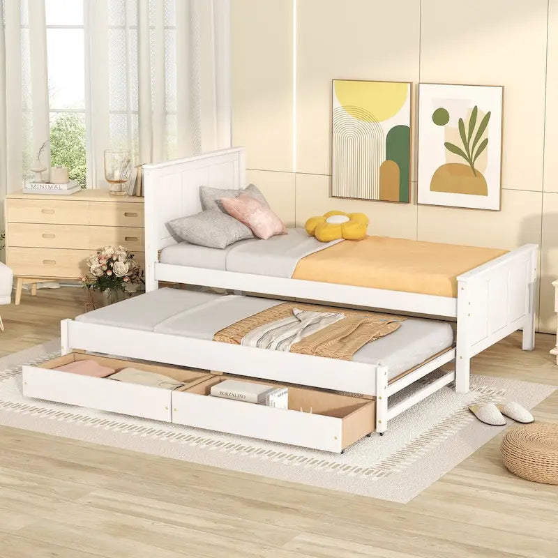 Twin Size Platform Bed with Trundle and 2 Drawers