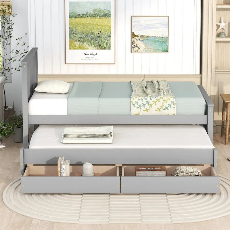 Twin Size Platform Bed with Trundle and 2 Drawers