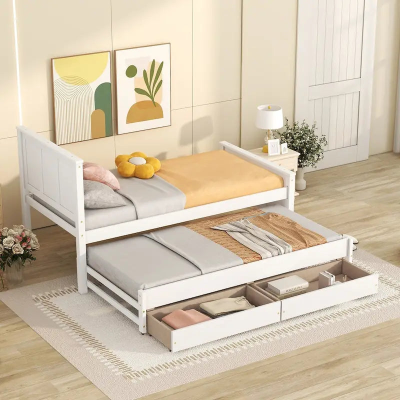 Twin Size Platform Bed with Trundle and 2 Drawers