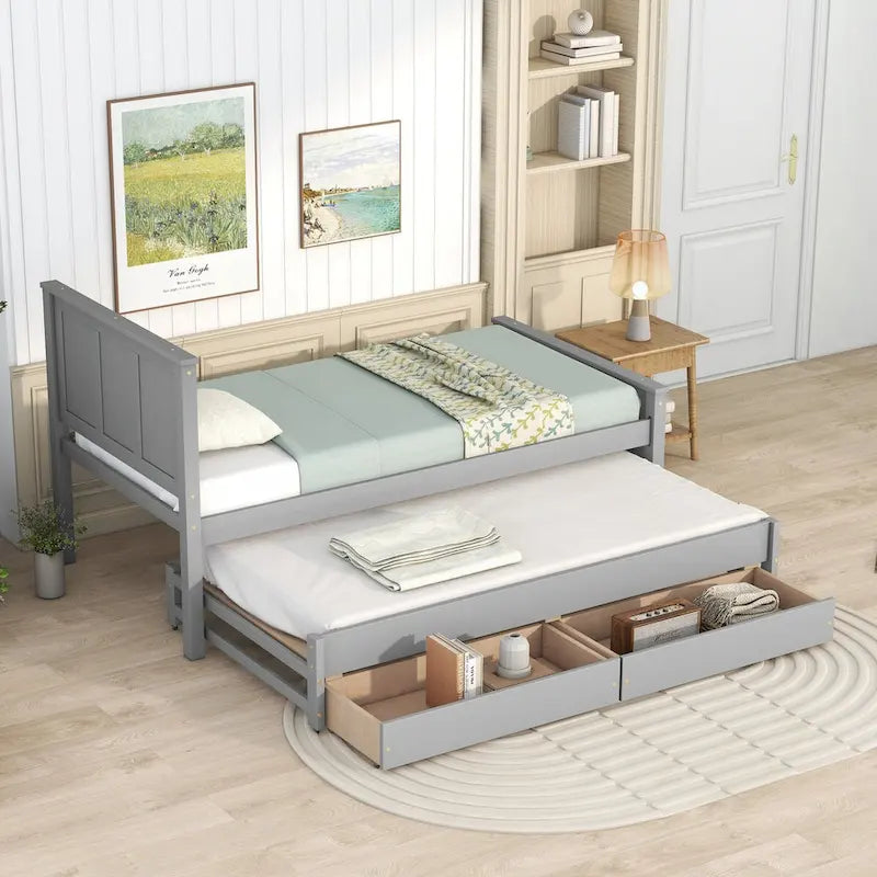 Twin Size Platform Bed with Trundle and 2 Drawers