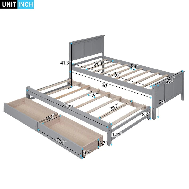 Twin Size Platform Bed with Trundle and 2 Drawers