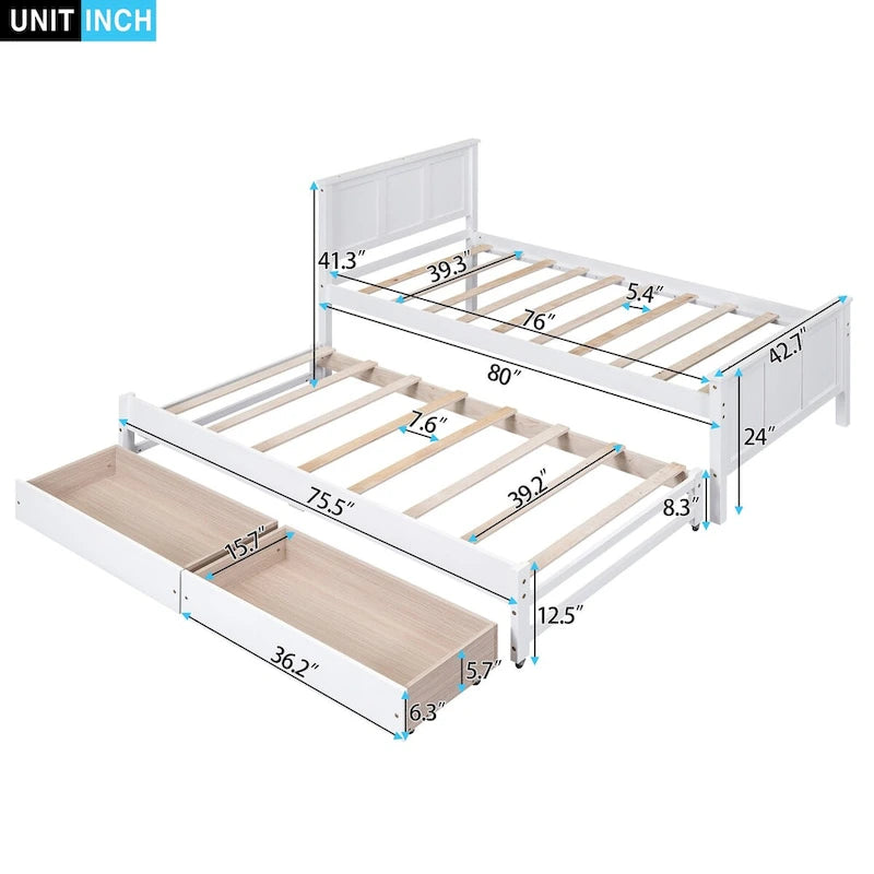 Twin Size Platform Bed with Trundle and 2 Drawers