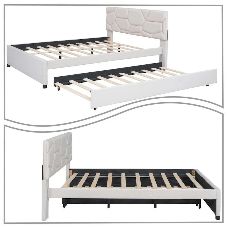 Modern Stylish Linen Fabric Upholstered Platform Bed with Trundle Bed