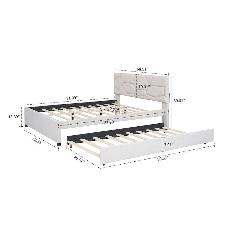 Modern Stylish Linen Fabric Upholstered Platform Bed with Trundle Bed