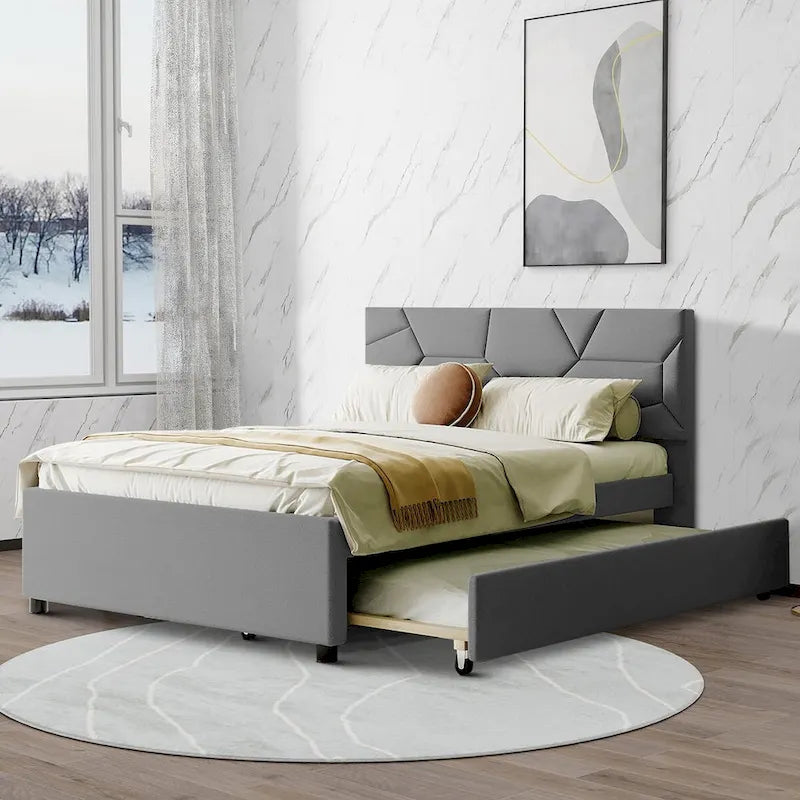 Modern Stylish Linen Fabric Upholstered Platform Bed with Trundle Bed