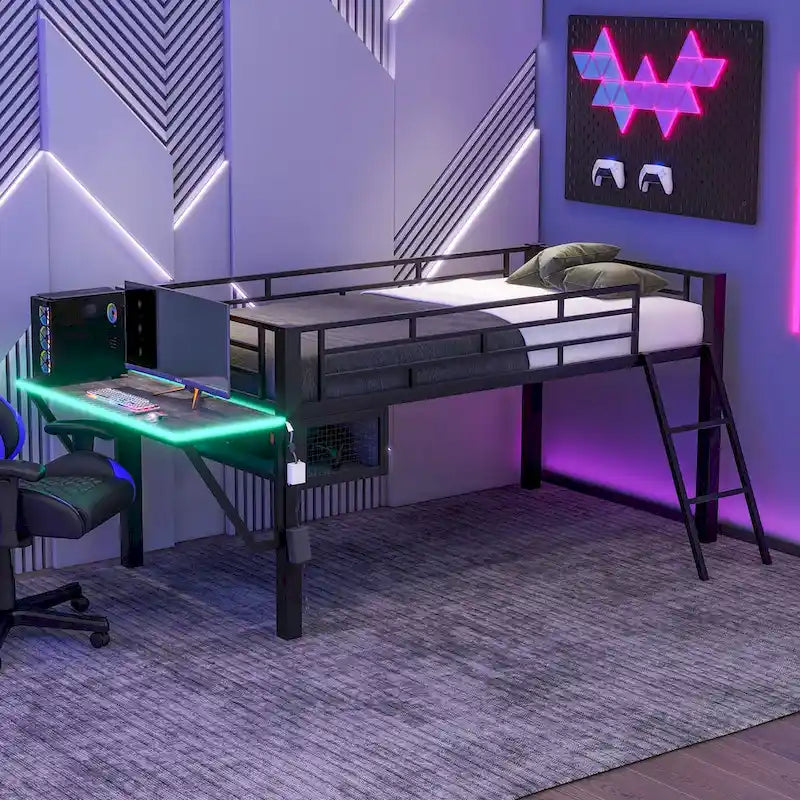 Mid Loft Bed with Desk and LED