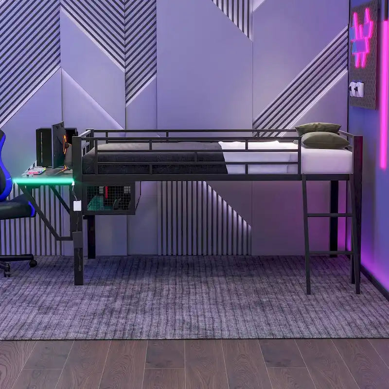 Mid Loft Bed with Desk and LED