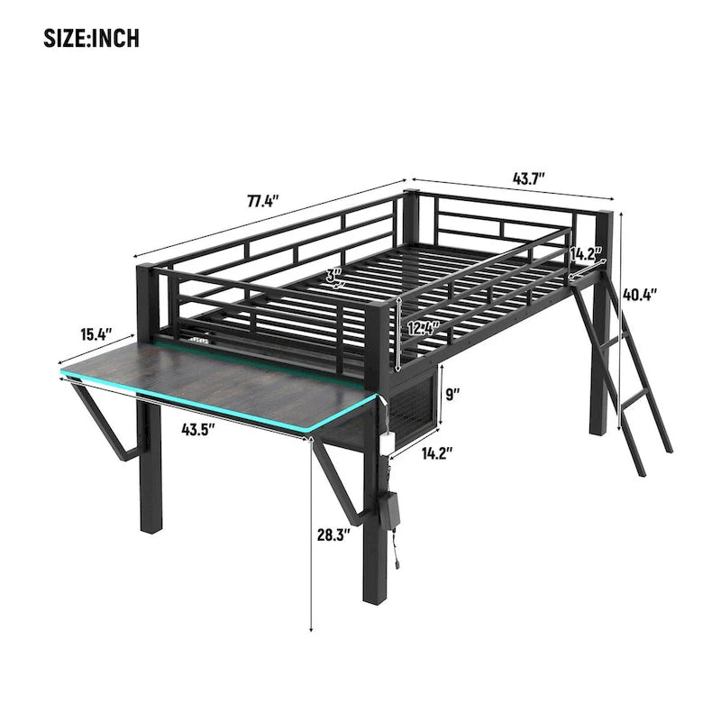Mid Loft Bed with Desk and LED