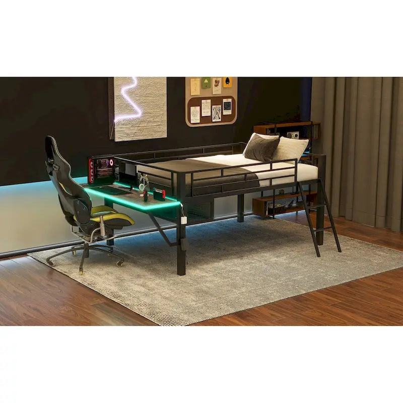 Mid Loft Bed with Desk and LED