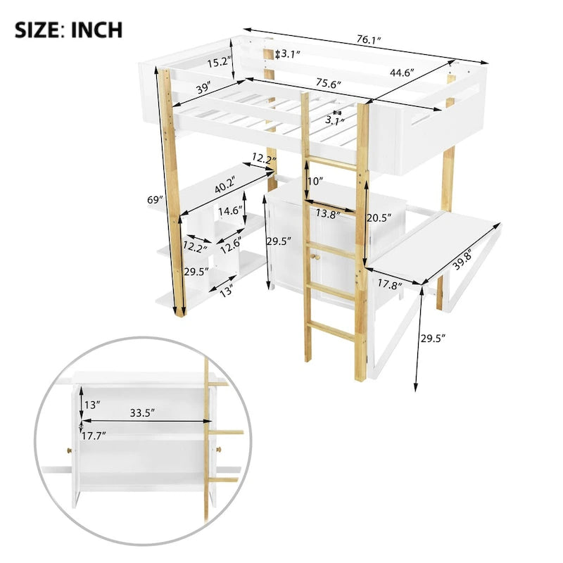 Twin Size Loft Bed with Foldable Desk, Storage Cabinet and Cubes