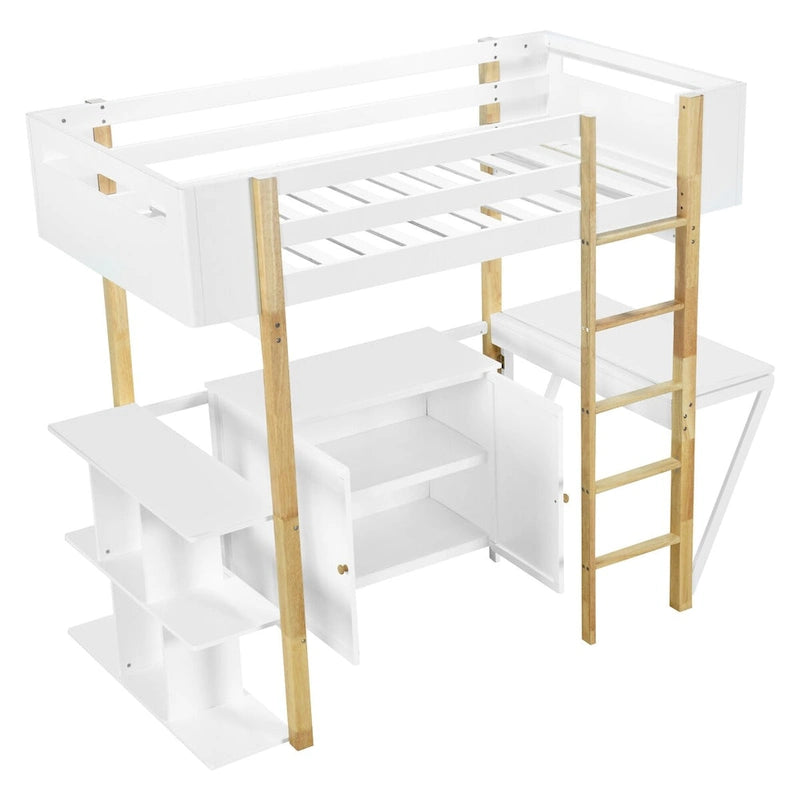 Twin Size Loft Bed with Foldable Desk, Storage Cabinet and Cubes