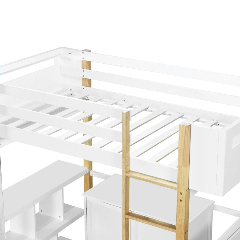 Twin Size Loft Bed with Foldable Desk, Storage Cabinet and Cubes