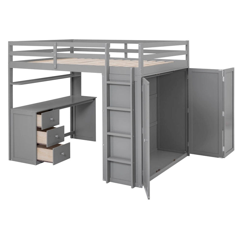 Full Size Wood Loft Bed with Integrated Drawers, Desk and Wardrobe