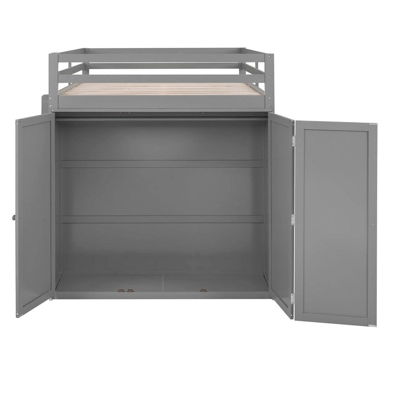 Full Size Wood Loft Bed with Integrated Drawers, Desk and Wardrobe