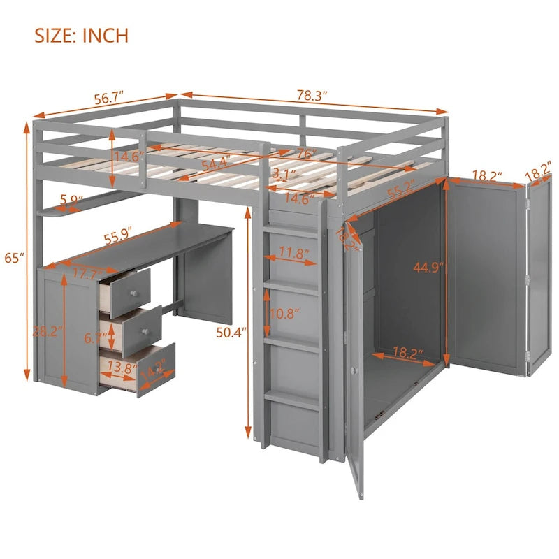 Full Size Wood Loft Bed with Integrated Drawers, Desk and Wardrobe