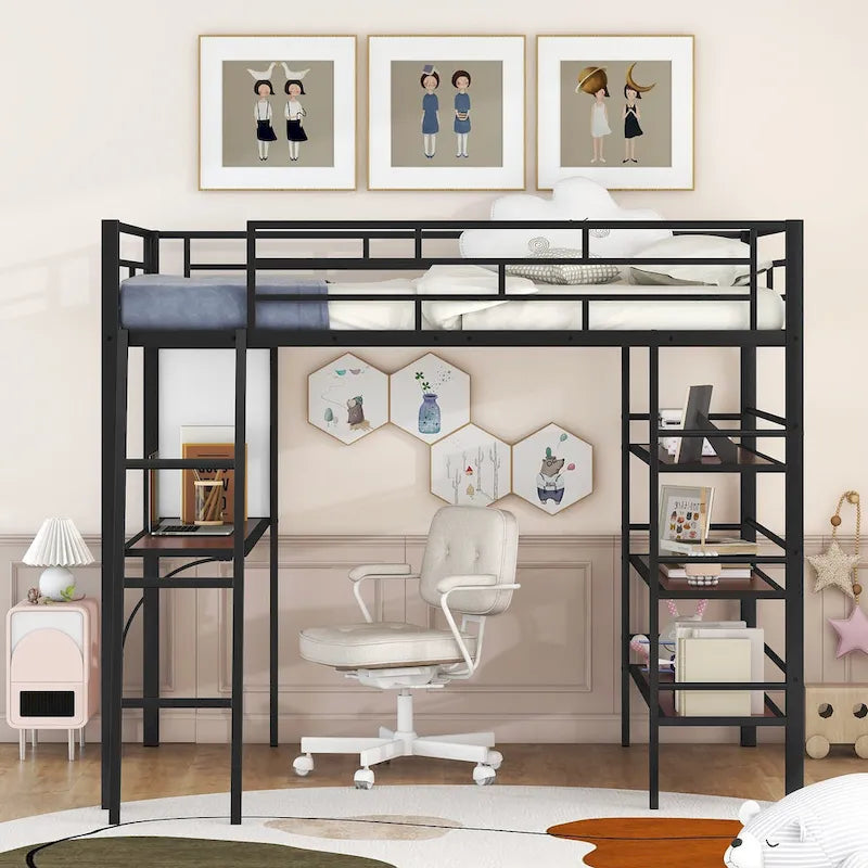 Twin Metal Loft Bed with Integrated Desk