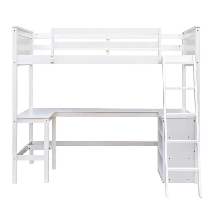 Twin Size White Pine Loft Bed with Desk, Shelves and Full-Length Guardrail