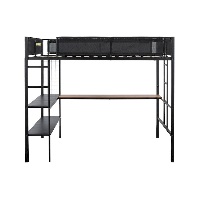 Metal Full Size Loft Bed with Desk and Shelves