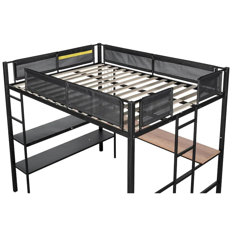 Metal Full Size Loft Bed with Desk and Shelves