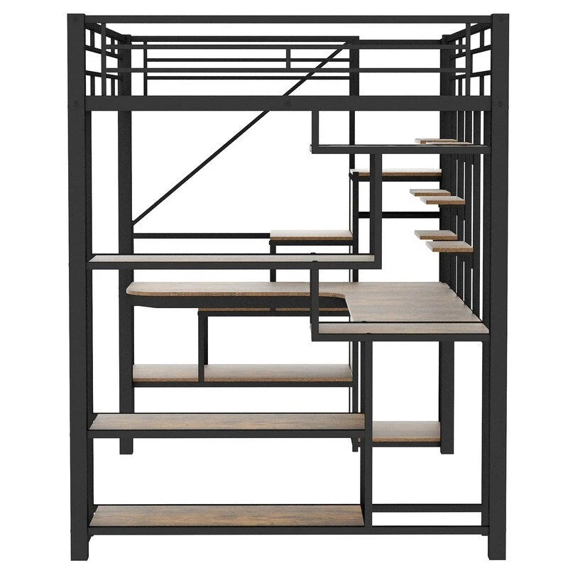 Full Size Metal Loft Bed with Wardrobe, Built-in Desk and Storage Shelves