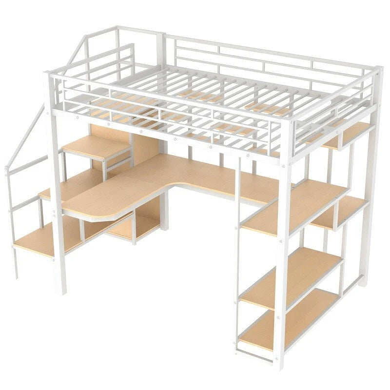 Full Size Metal Loft Bed with Wardrobe, Built-in Desk and Storage Shelves