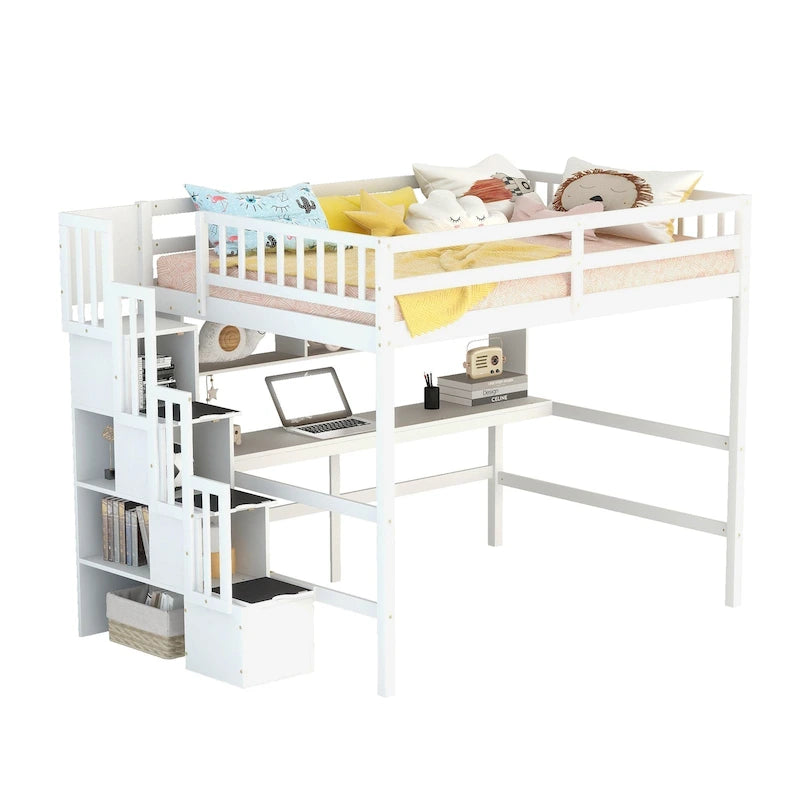 Full Size Loft Bed with Desk and Shelves