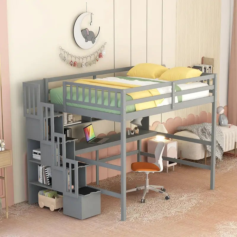 Full Size Loft Bed with Desk and Shelves