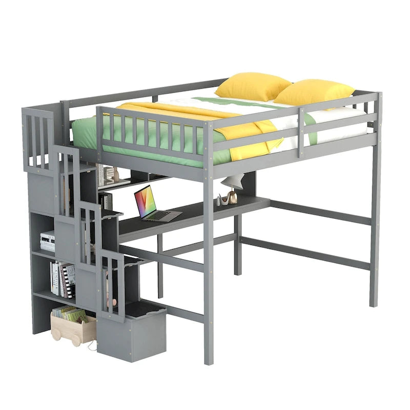 Full Size Loft Bed with Desk and Shelves