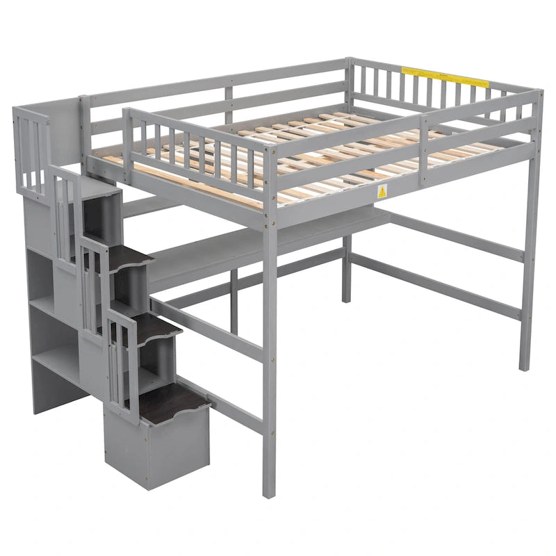 Full Size Loft Bed with Desk and Shelves