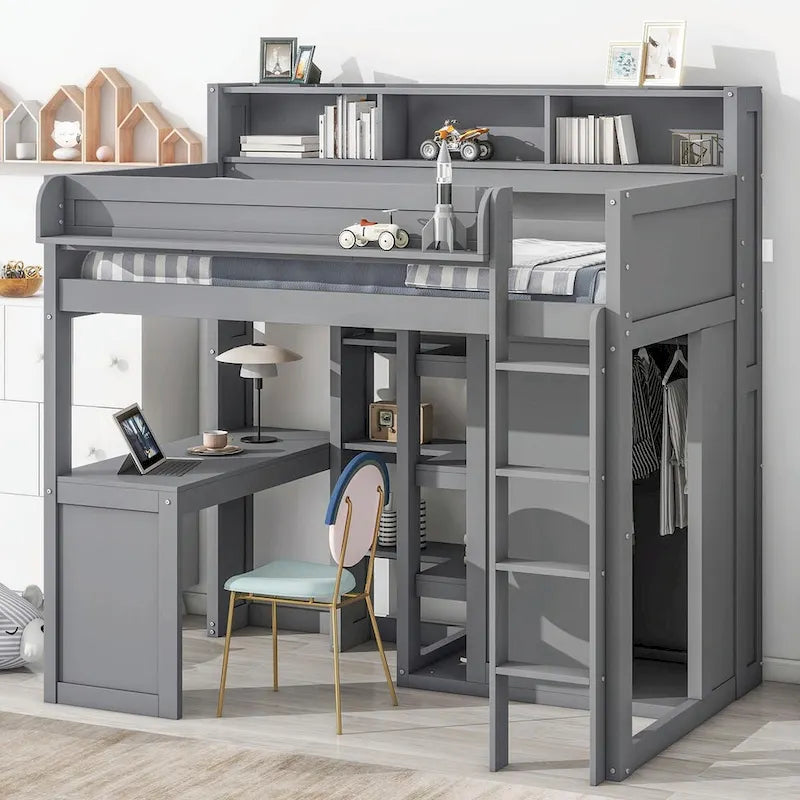 Wood Twin Size Loft Bed with Storage Shelves and Wardrobe