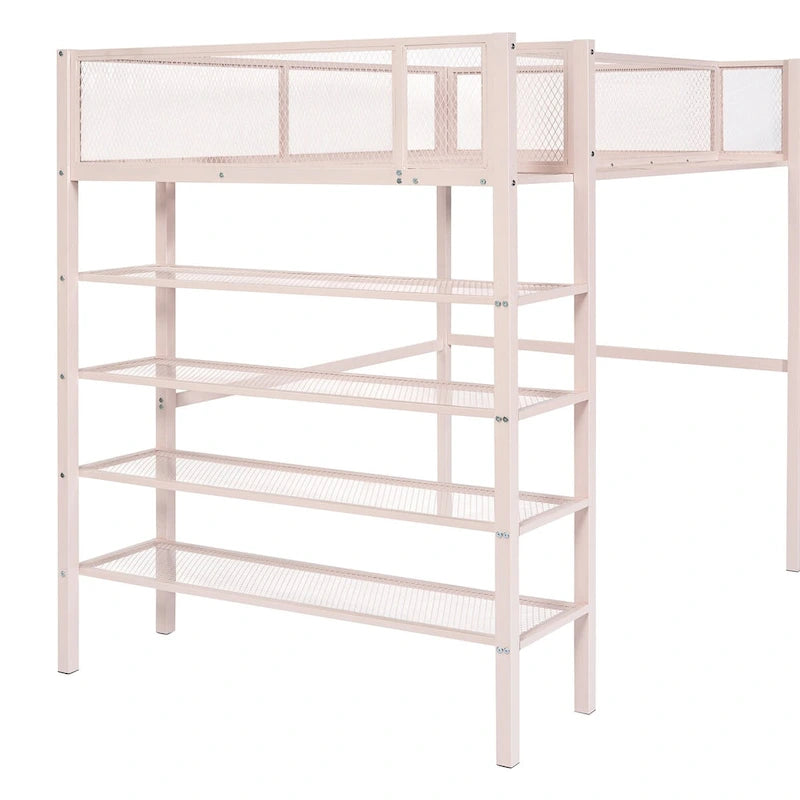 Pink Metal Loft Bed with 4-Tier Shelves, Workstation, and Full-length Guardrail
