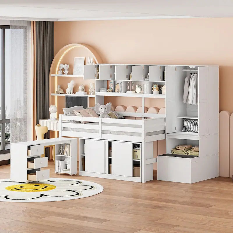 Full Size Wooden Loft Bed with Big Storage and Under-bed Desk