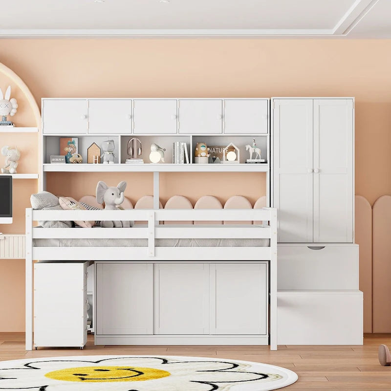 Full Size Wooden Loft Bed with Big Storage and Under-bed Desk
