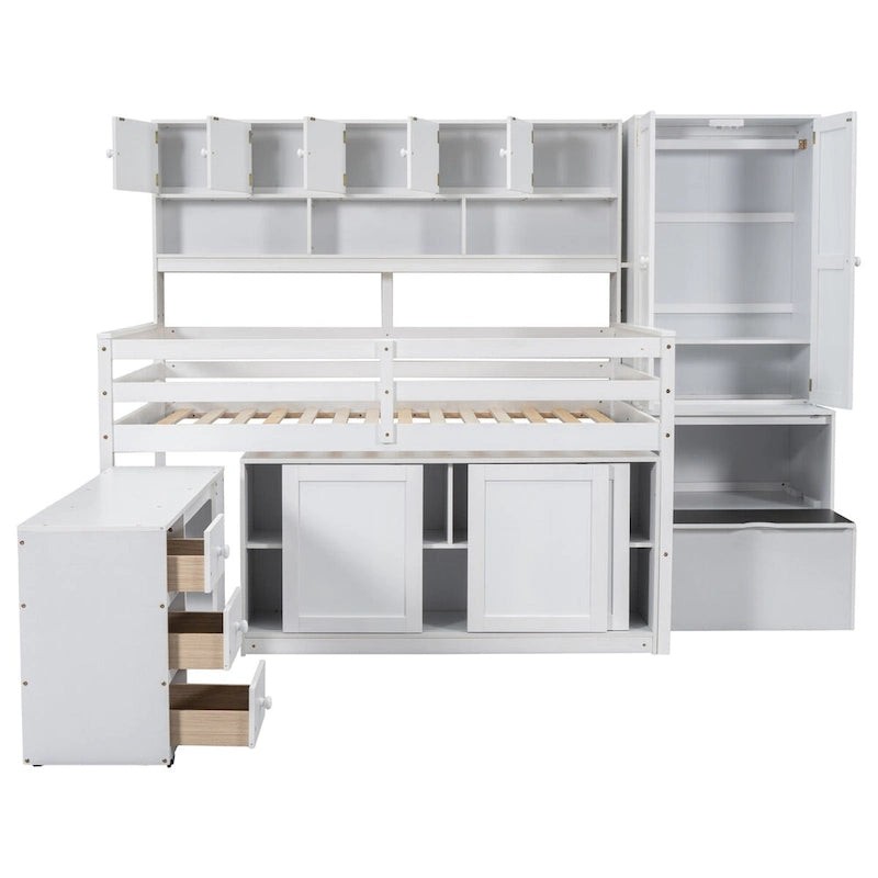 Full Size Wooden Loft Bed with Big Storage and Under-bed Desk