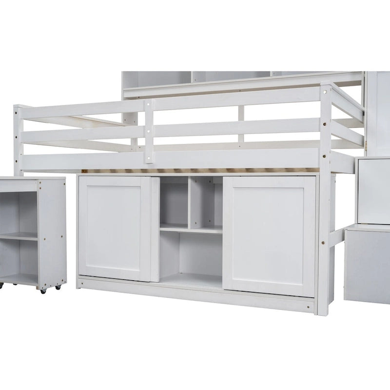Full Size Wooden Loft Bed with Big Storage and Under-bed Desk