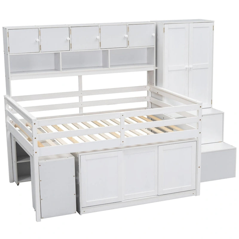 Full Size Wooden Loft Bed with Big Storage and Under-bed Desk