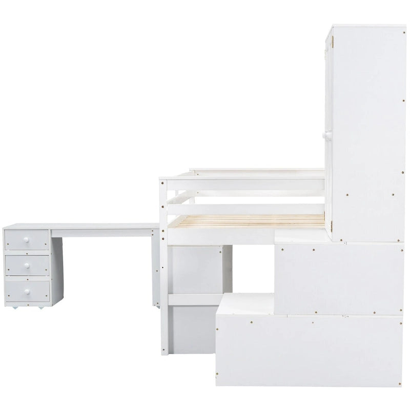 Full Size Wooden Loft Bed with Big Storage and Under-bed Desk