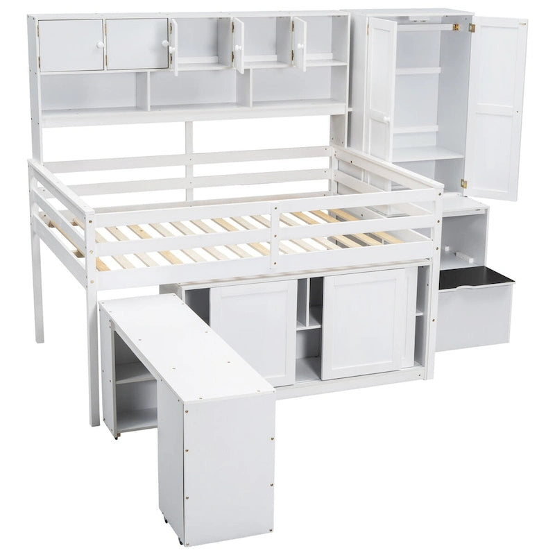 Full Size Wooden Loft Bed with Big Storage and Under-bed Desk